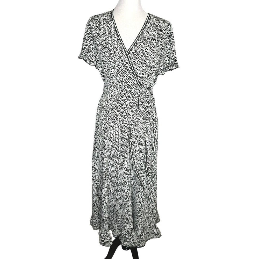 Max Studio Womens Black White Floral Faux Wrap Midi Dress Smocked Back L NEW